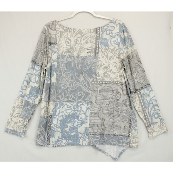 Chico's Tunic Top Asymmetrical Hem Multi Pattern Women L Cream Blue Long Sleeve - Picture 2 of 10
